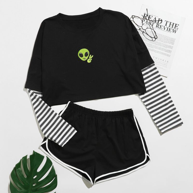 

2 In 1 Striped Sleeve Shorts PJ Set, Black