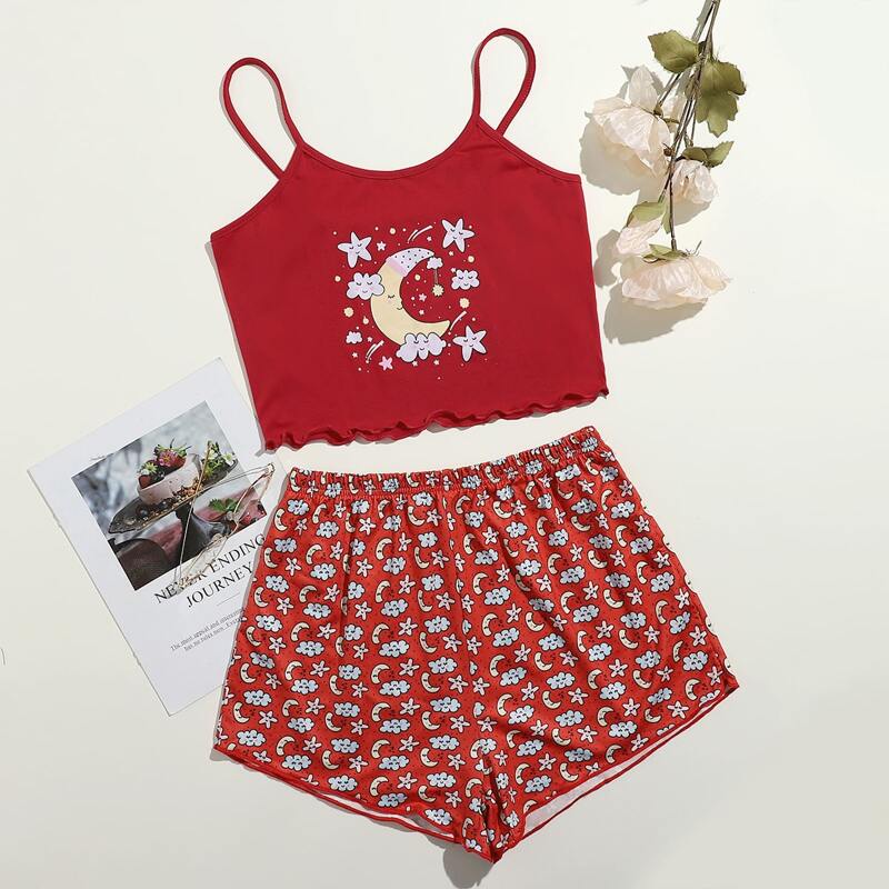 

Cartoon Moon Print Shorts PJ Set, Red