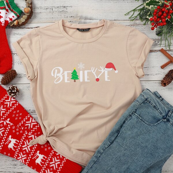 

Christmas & Letter Graphic Tee, Khaki