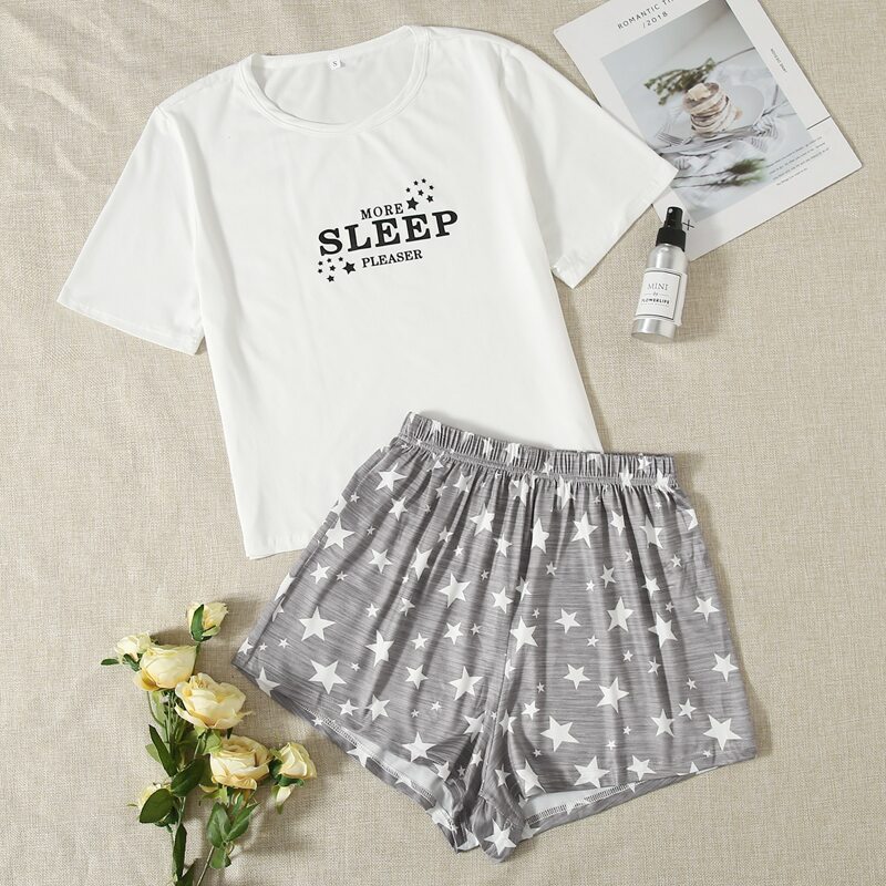 

Star & Slogan Graphic PJ Set, Multicolor