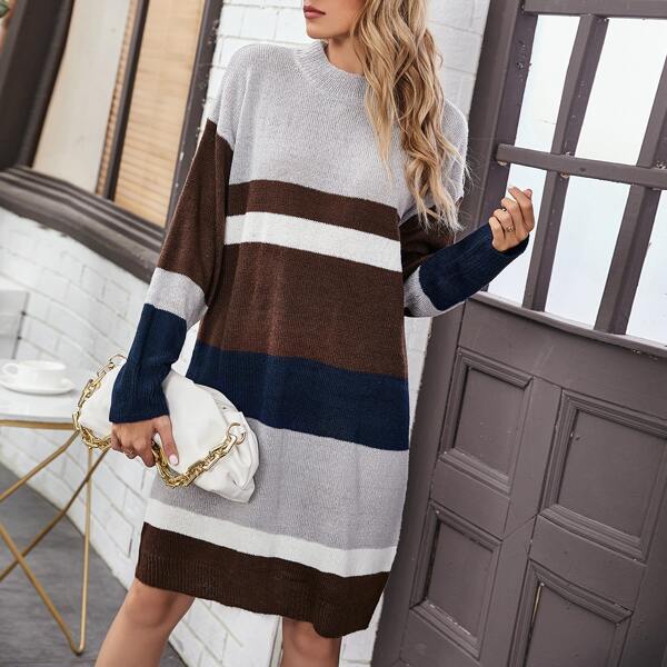 

Drop Shoulder Color Block Sweater Dress, Multicolor