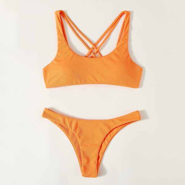 

Rib Lattice Back Bikini Swimsuit, Orange