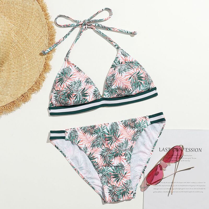 

Tropical Print Triangle Bikini Swimsuit, Multicolor