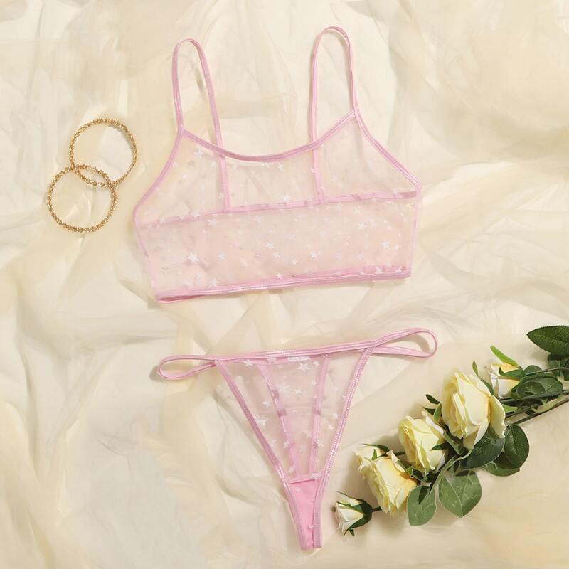 

Mesh Star Print Sheer Lingerie Set, Pink