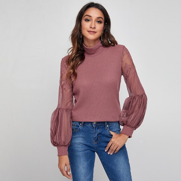

Mock Neck Lace Lantern Sleeve Waffle Knit Top, Redwood