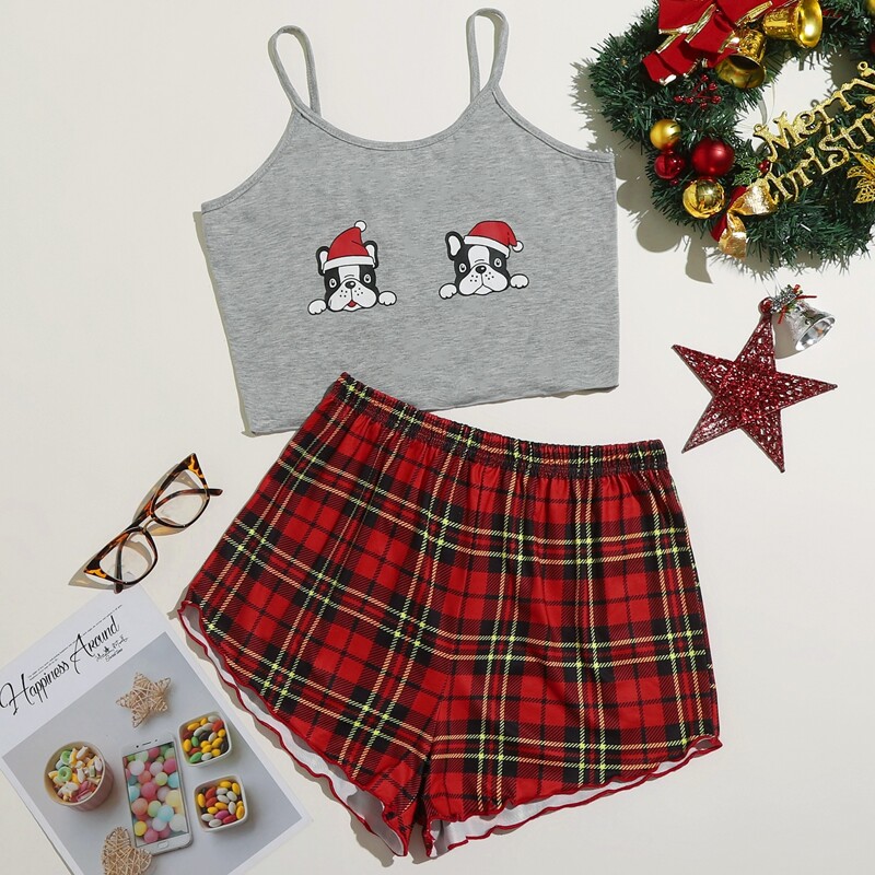

Cartoon Dog Plaid Shorts PJ Set, Multicolor