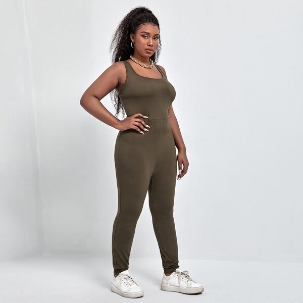 

Plus Solid Split Hem Unitard Jumpsuit, Mocha brown