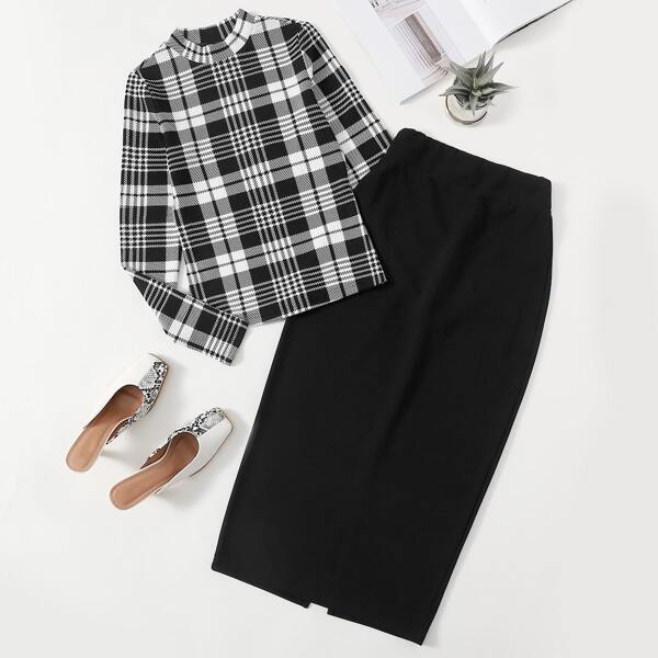 

Mock Neck Plaid Top & Split Hem Skirt Set, Black and white