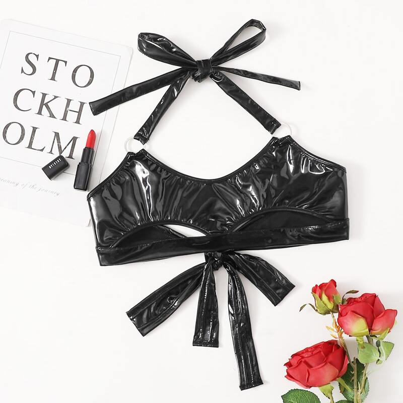 

Faux Leather Cut Out Halter Bralette, Black