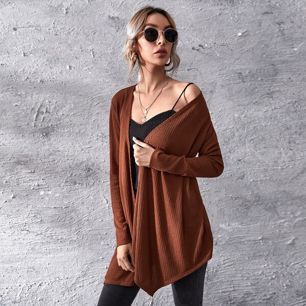 

Asymmetrical Hem Rib-knit Coat, Burnt orange