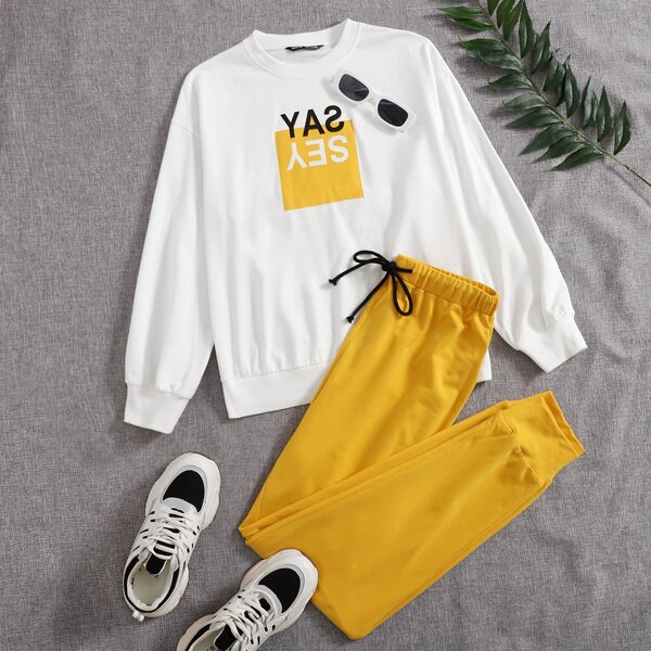 

Drop Shoulder Letter Graphic Pullover & Drawstring Waist Joggers Set, Multicolor