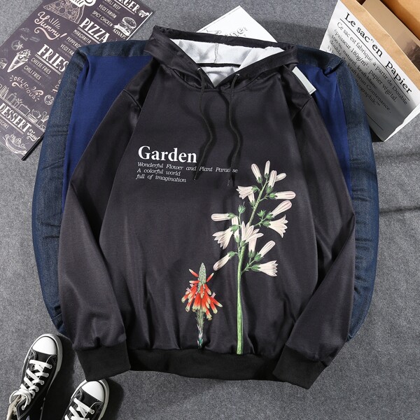 

Men Flower And Slogan Graphic Hooded Sweatshirt, Black
