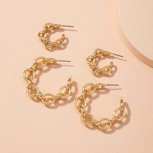 

2pairs Chain Design Hoop Earrings, Gold