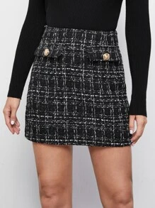 Firerie High Waist Plaid Tweed Skirt