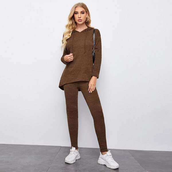 

Drop Shoulder Ribbed Hooded Top & Leggings Set, Coffee brown