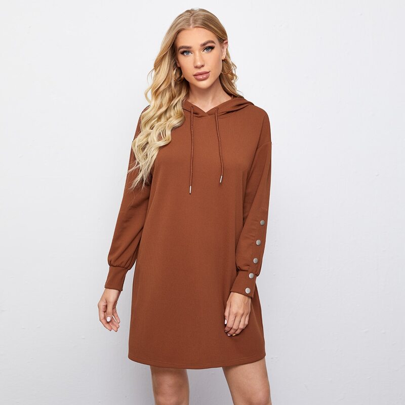 

Drop Shoulder Button Drawstring Hooded Dress, Rust brown