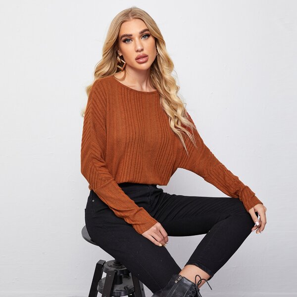 

Batwing Sleeve Ribbed Tee, Brown