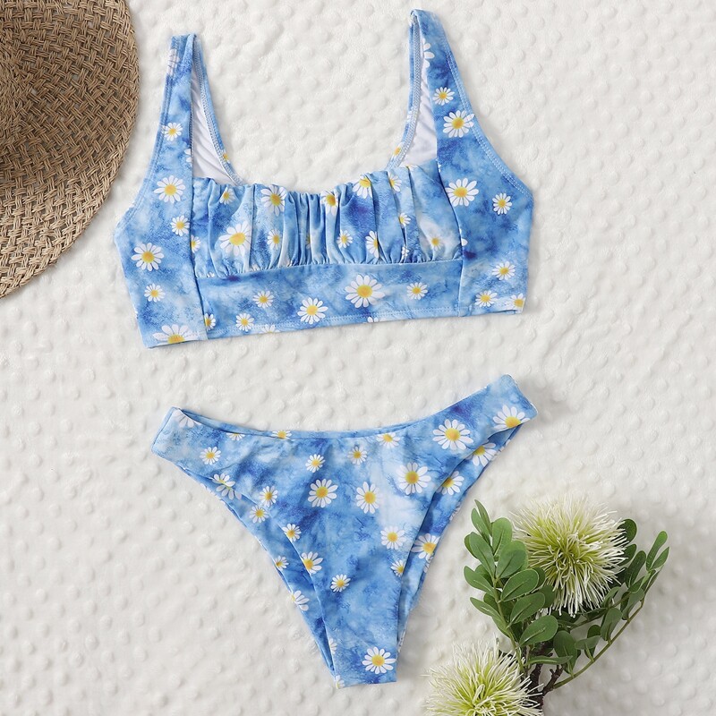 

Tie Dye Daisy Ruched Bikini Swimsuit, Blue