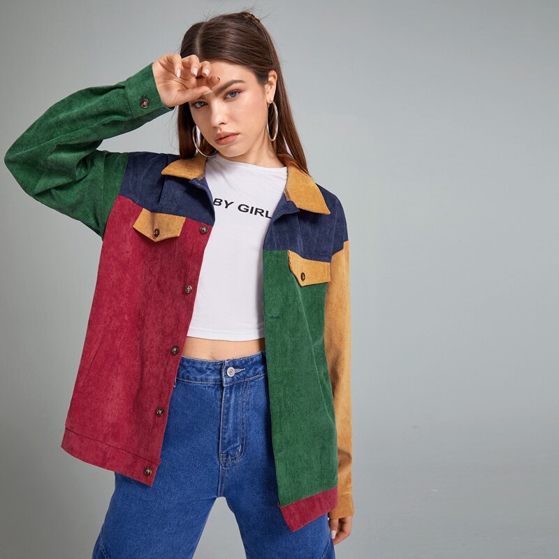 

Corduroy Colorblock Button Front Overshirt, Multicolor