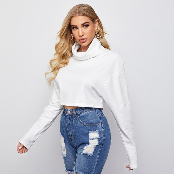 

Funnel Neck Drop Shoulder Crop Top, White