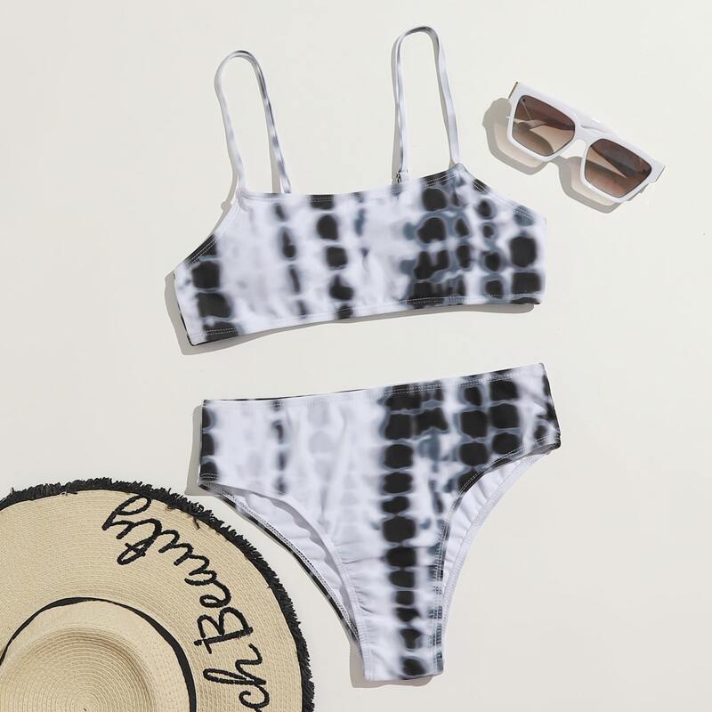 

Tie Dye High Waist Bikini Swimsuit, Black and white