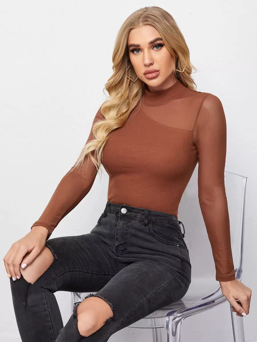 SHEIN Privé Áo thun Tương phản Mesh màu trơn Thanh lịch