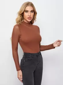 SHEIN Privé Áo thun Tương phản Mesh màu trơn Thanh lịch - Màu nâu Sô-cô-la - Xem 4