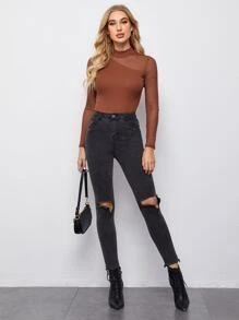 SHEIN Privé Áo thun Tương phản Mesh màu trơn Thanh lịch - Màu nâu Sô-cô-la - Xem 6