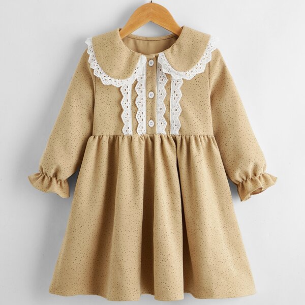 

Toddler Girls Polka Dot Schiffy Trim Smock Dress, Khaki