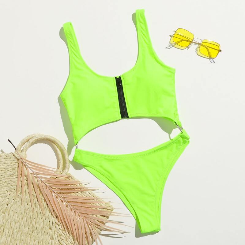 

Neon Zipper Cut Out One Piece Swimsuit, Neon mint green