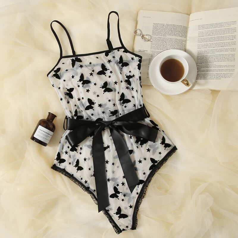 

Mesh Velvet Butterfly Belted Teddy Bodysuit, Black and white