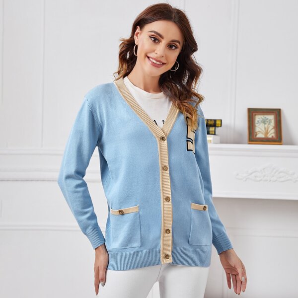 

Number Pattern Pocket Front Cardigan, Baby blue