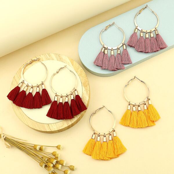 

3pairs Tassel Drop Earrings, Multicolor
