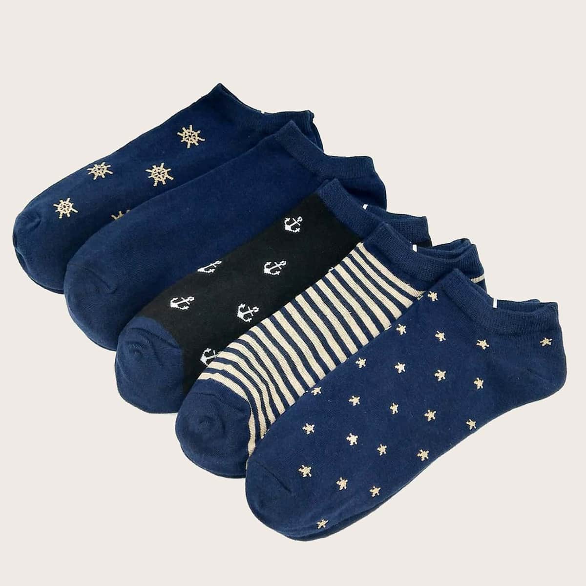 

5pairs Guys Mixed Pattern Ankle Socks, Navy blue