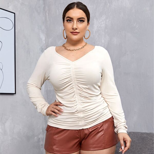 

Plus Ruched Front Solid Tee, Beige
