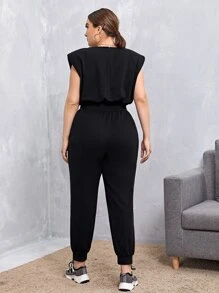 SHEIN Essnce Plus Shoulder Pad Slant Pocket Jumpsuit - Black - View 2