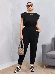 SHEIN Essnce Plus Shoulder Pad Slant Pocket Jumpsuit - Black - View 3