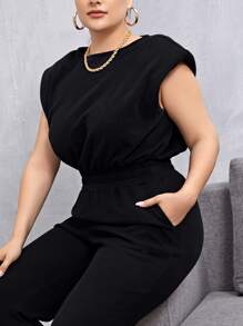SHEIN Essnce Plus Shoulder Pad Slant Pocket Jumpsuit - Black - View 4
