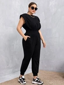 SHEIN Essnce Plus Shoulder Pad Slant Pocket Jumpsuit - Black - View 5
