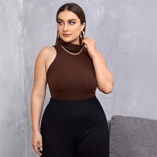 

Plus Rolled Neck Tank Top, Chocolate brown
