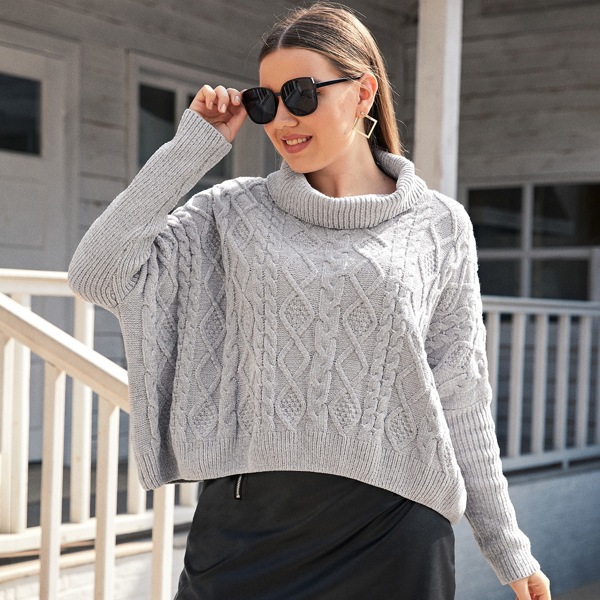 

Plus Cable Knit Turtleneck Batwing Sleeve Sweater, Light grey