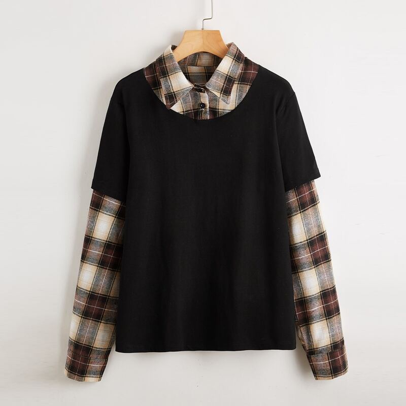 

Contrast Plaid 2 In 1 Tee, Black