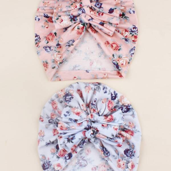 

2pcs Baby Flower Pattern Turban Hat, Multicolor