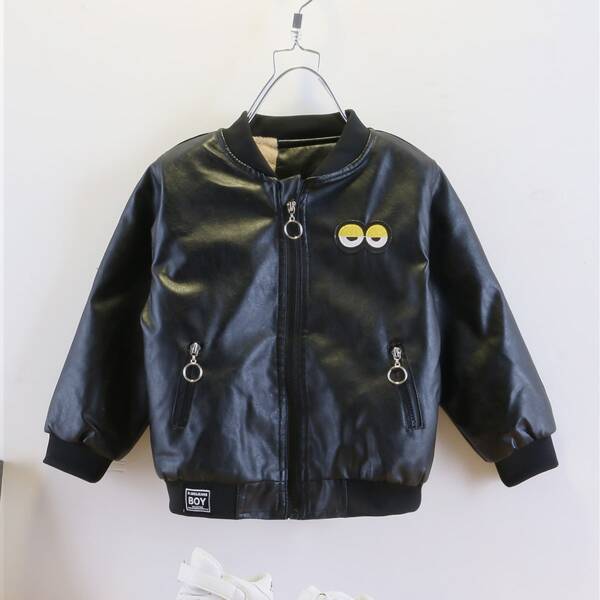 

Toddler Boys Teddy Lined Cartoon Graphic PU Bomber Jacket, Black