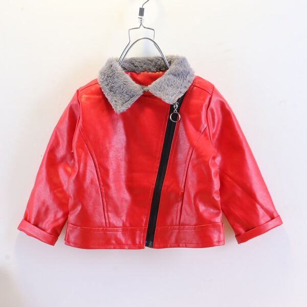 

Toddler Girls Teddy Lined PU Moto Jacket, Red