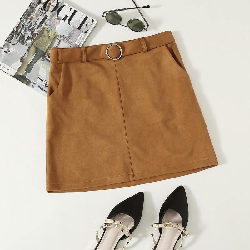 

Belted Suede Mini Skirt, Brown