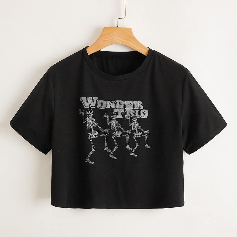 

Skeleton & Letter Graphic Crop Tee, Black