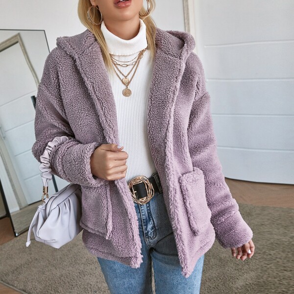 

Dual Pocket Hooded Teddy Coat, Dusty purple