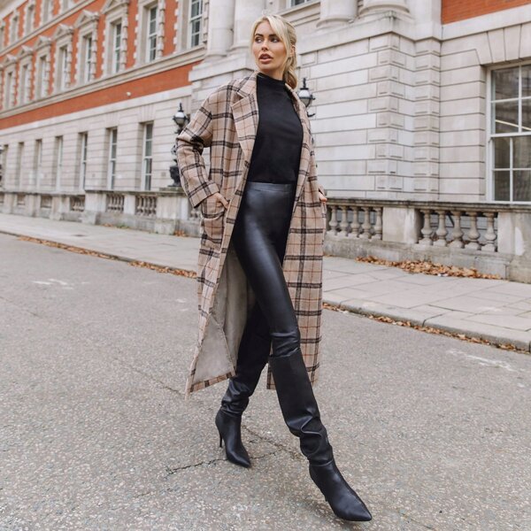 

Notched Collar Self Belted Split Side Plaid Coat, Apricot