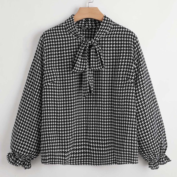 

Plus Tie Neck Houndstooth Print Blouse, Black and white